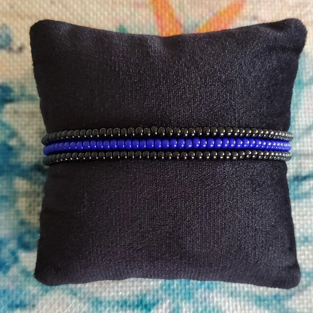 Seed Bead Stack Stretch Bracelets "Blue Line" - Picture 4 of 16